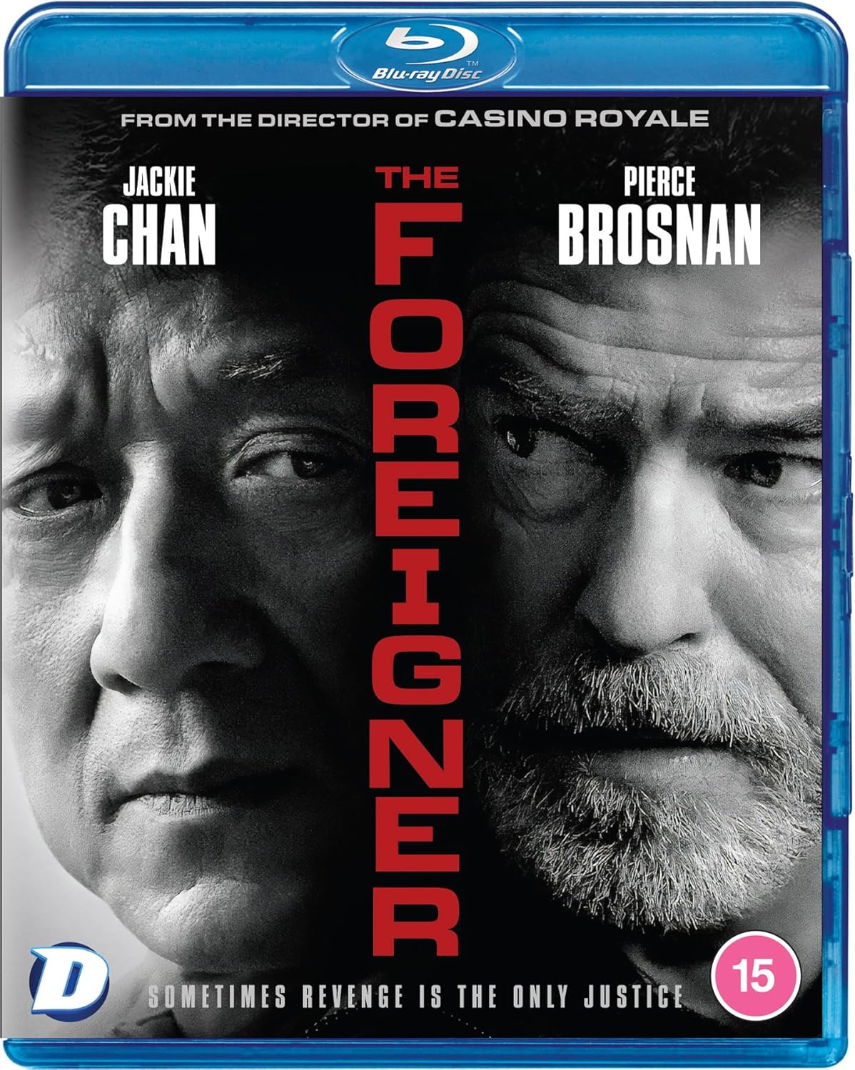 Blu-ray cover for "The Foreigner" featuring Jackie Chan and Pierce Brosnan.