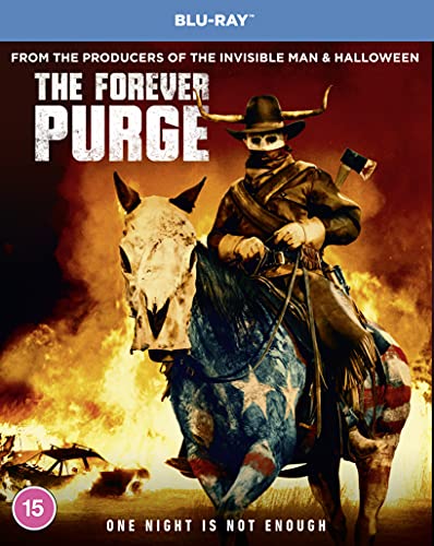 Blu-ray cover for "The Forever Purge" featuring a masked rider on a horse.