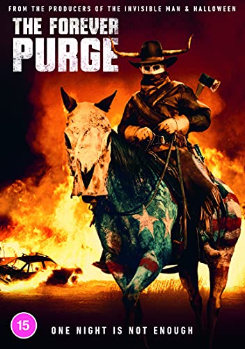 DVD cover for "The Forever Purge" featuring a masked rider on a horse.