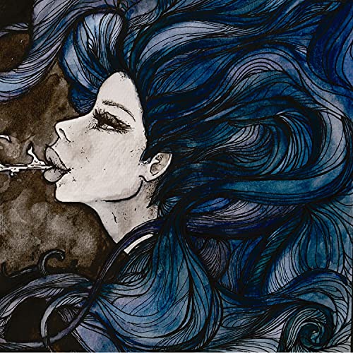 Watercolor illustration of a woman’s profile with flowing blue hair.