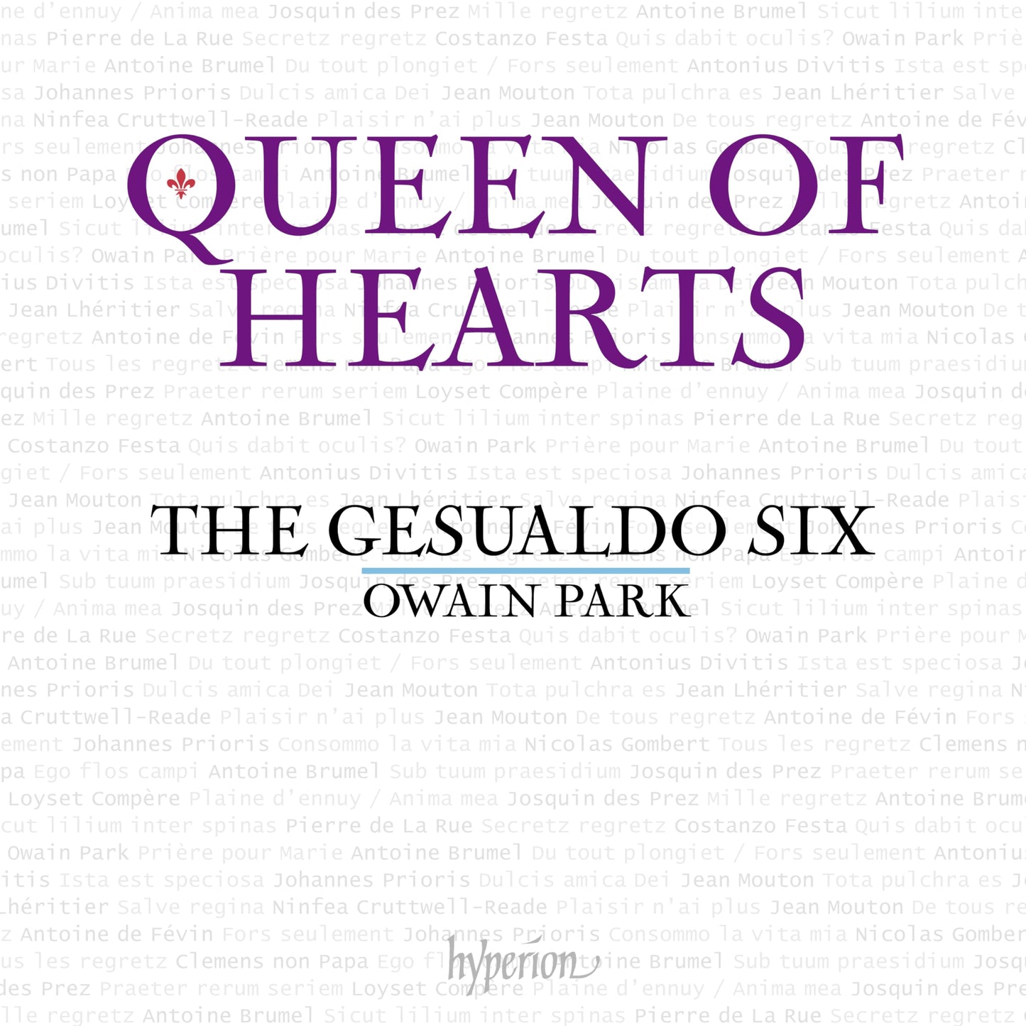 CD cover for “The Gesualdo Six Owain Park - Queen of Hearts” with floral design.