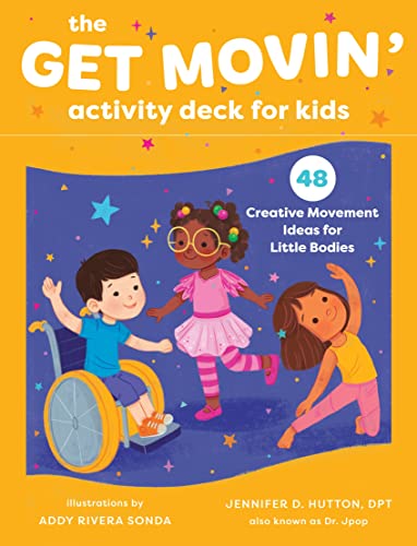 Colorful card deck cover with three children engaged in movement activities.