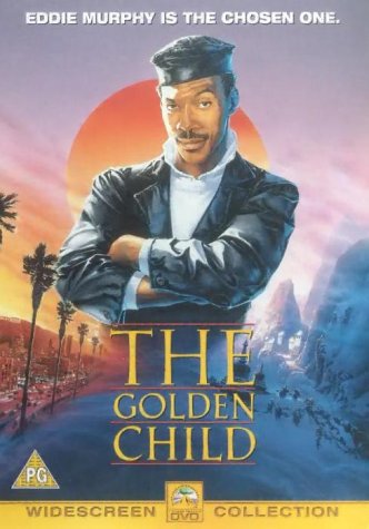 Eddie Murphy on DVD cover for "The Golden Child," with a sunset backdrop.