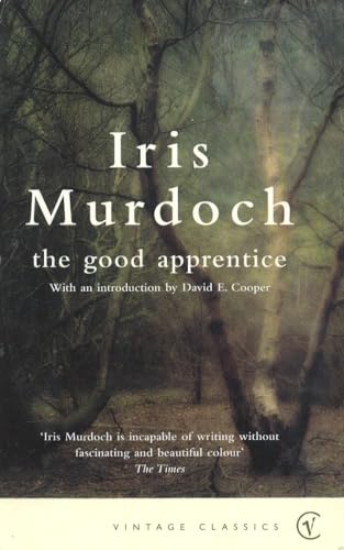 Book cover for "The Good Apprentice" by Iris Murdoch, with a forest scene.