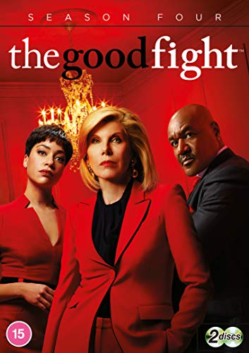 DVD cover for The Good Fight Season Four featuring three cast members against red.