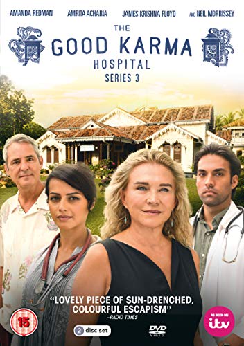 "The Good Karma Hospital Series 3 DVD cover featuring four main characters and a hospital."