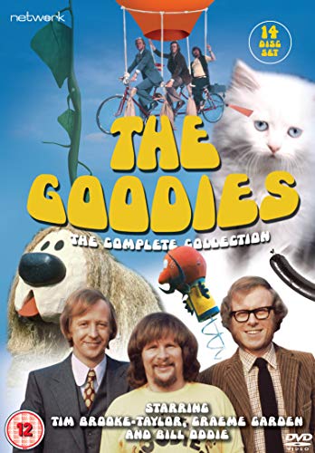 DVD cover for "The Goodies" featuring cast, cat, and fantastical elements.