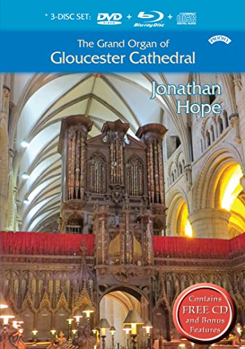 Gloucester Cathedral organ pipes filling a stone archway, DVD cover.