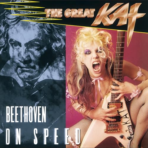 Album cover: "The Great Kat - Beethoven On Speed" with portraits and guitar.