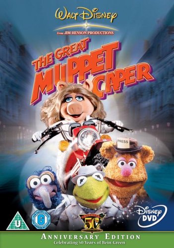 DVD cover for "The Great Muppet Caper" featuring Muppets on a motorcycle.
