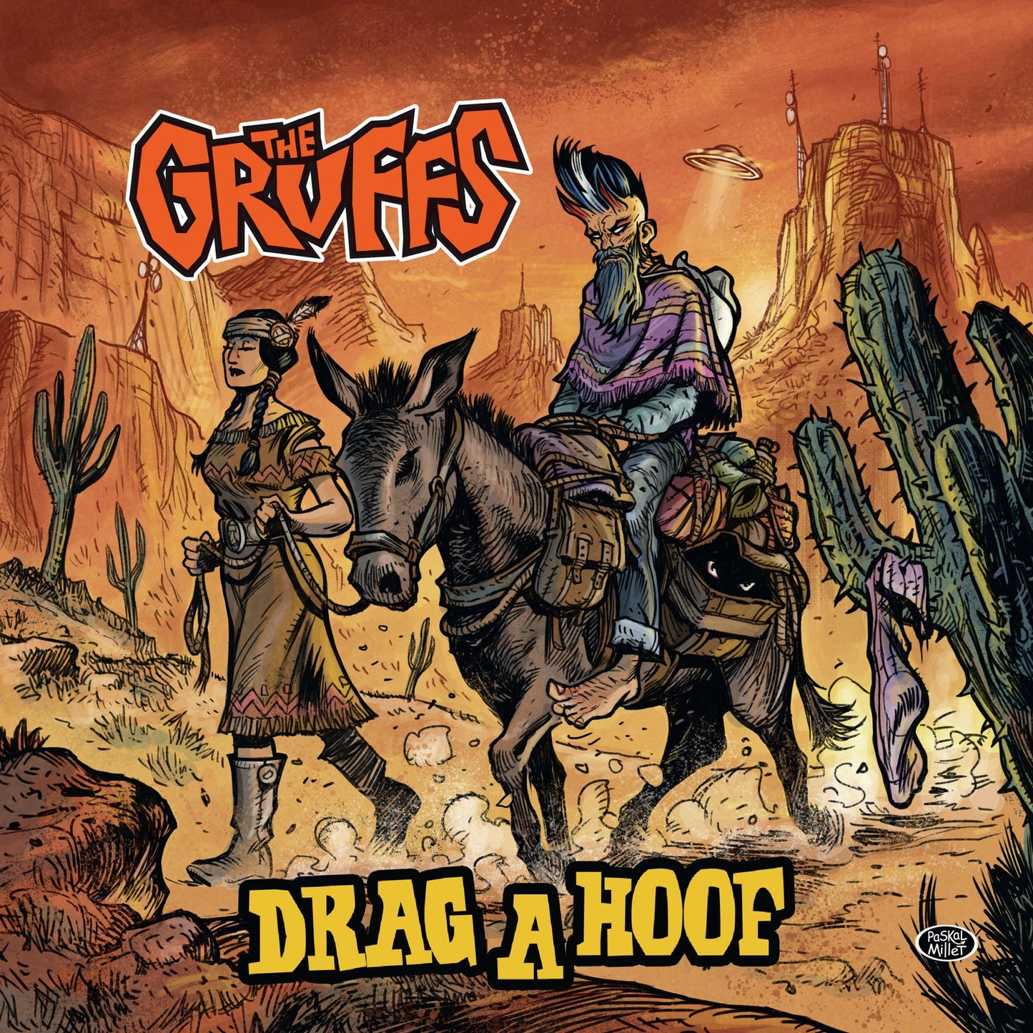 Cartoon album cover featuring two figures and a donkey in a desert landscape.