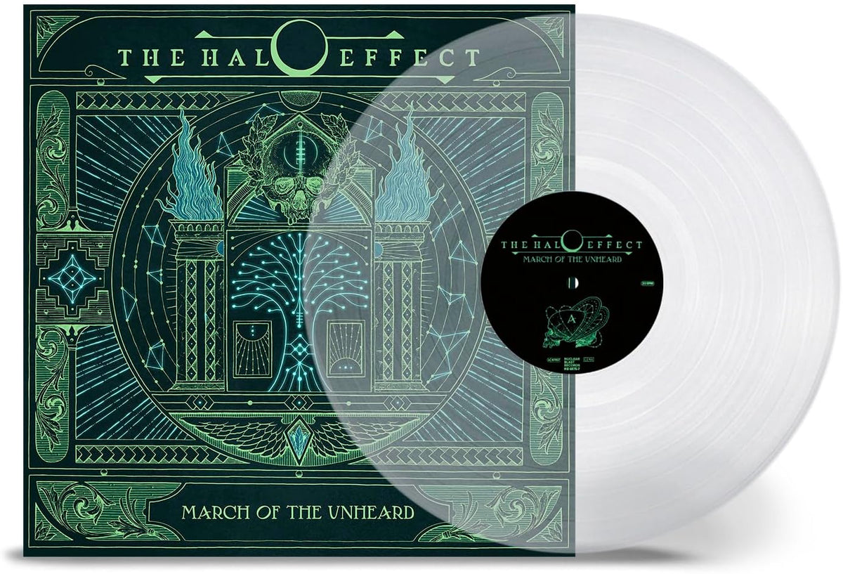 The Halo Effect vinyl record with green illustrated cover art and a clear disc.