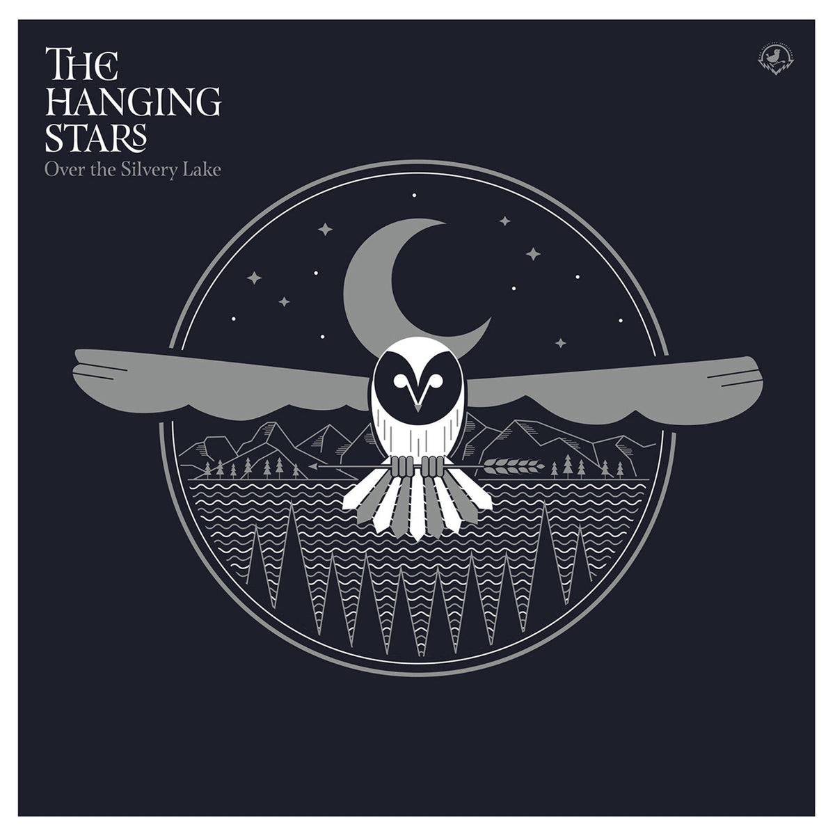 Dark blue album cover with an owl, crescent moon, and lake scene.