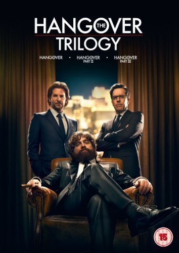 “The Hangover Trilogy” DVD cover featuring Bradley Cooper, Ed Helms, and Zach Galifianakis.