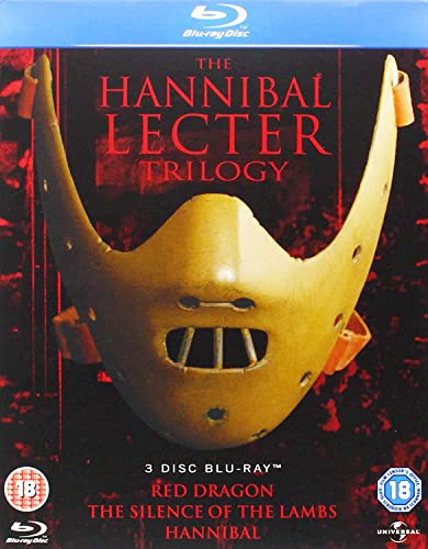 Blu-ray cover for The Hannibal Lecter Trilogy featuring a beige face mask on red.