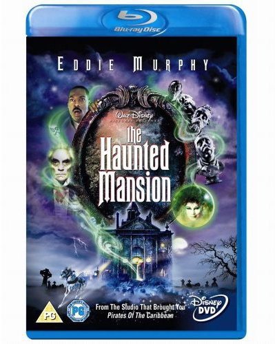 Blu-ray cover for "The Haunted Mansion" featuring ghostly figures and a mansion.