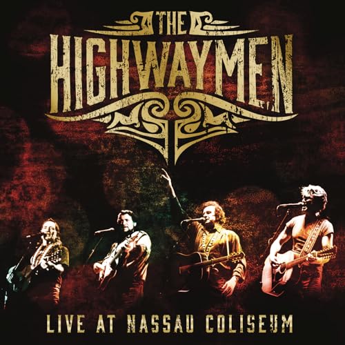 The Highwaymen album cover featuring four musicians with guitars, live at Nassau Coliseum.