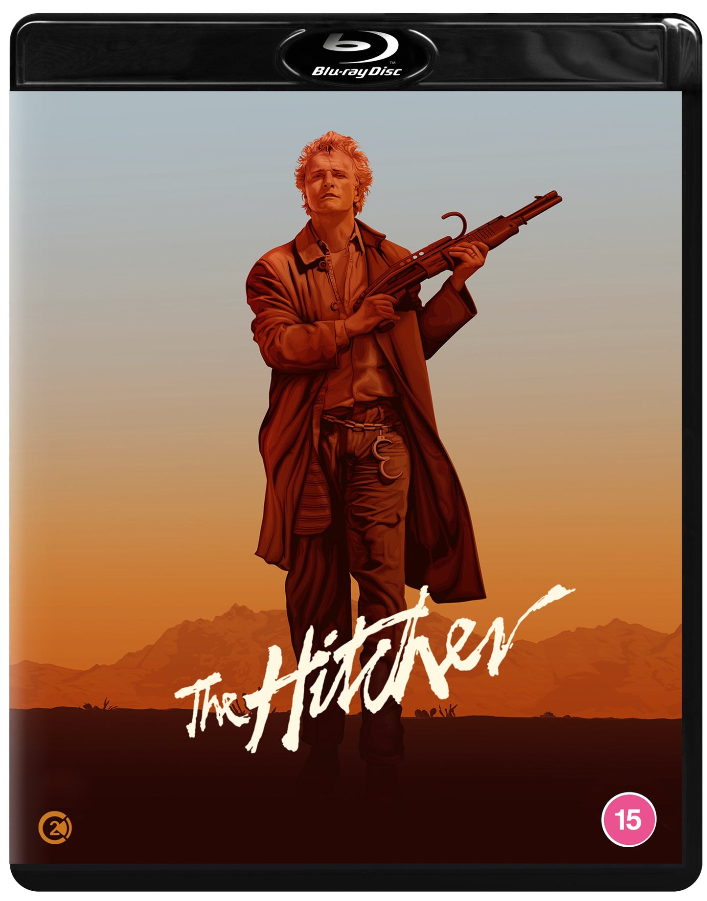 Blu-ray cover for "The Hitcher" featuring a man with a shotgun.