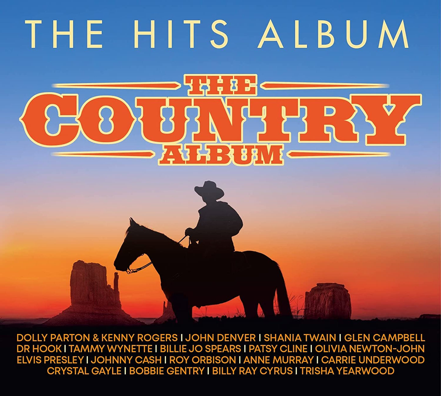 CD cover for “The Hits Album - The Country Album” with a cowboy silhouette.