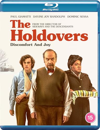 Blu-ray cover for The Holdovers featuring three main characters standing against a white background.