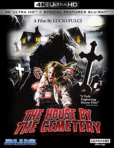 Horror film cover: haunted house, ghostly figure, woman, and graveyard.