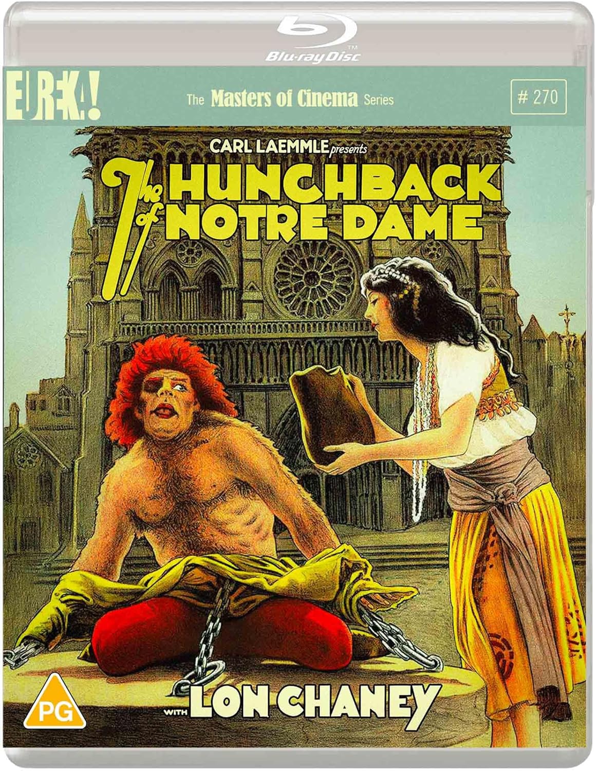 Blu-ray cover art showing Quasimodo chained before Notre Dame as Esmeralda offers him water.