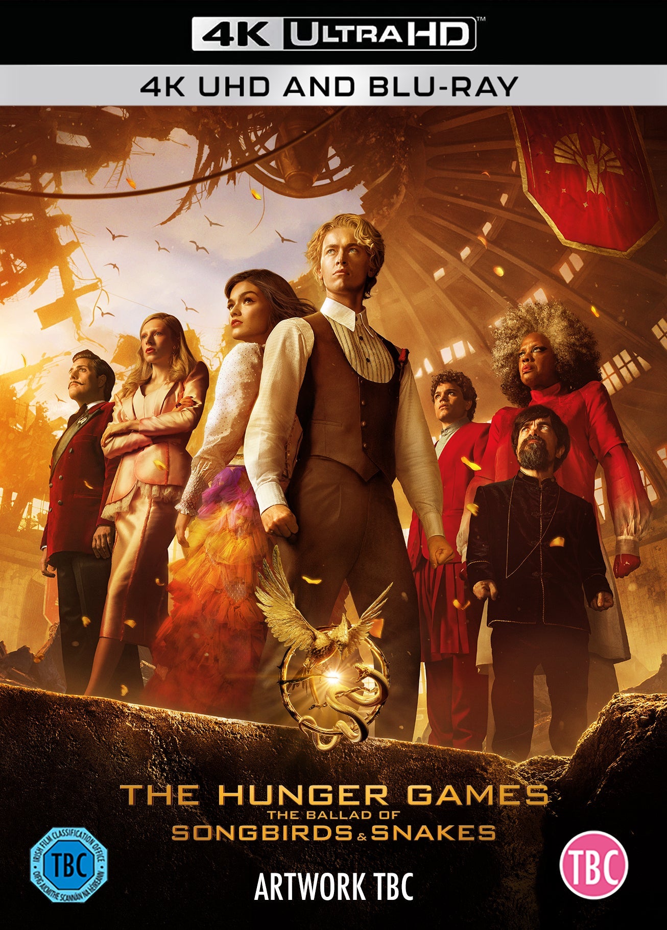 The Hunger Games: Songbirds & Snakes" movie poster with cast and golden bird.