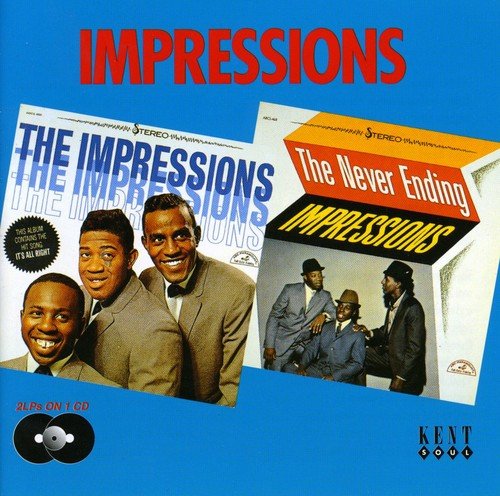"CD cover featuring two overlapping album covers of the band 'The Impressions' on blue."