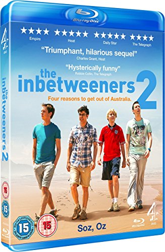 Blu-ray cover for "The Inbetweeners Movie 2" featuring four young men.