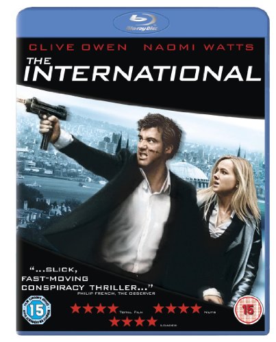 Blu-ray cover for "The International" featuring Owen and Watts with a gun.