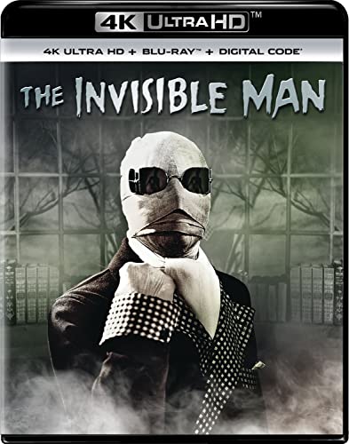Blu-ray cover for "The Invisible Man" featuring a bandaged figure in sunglasses.