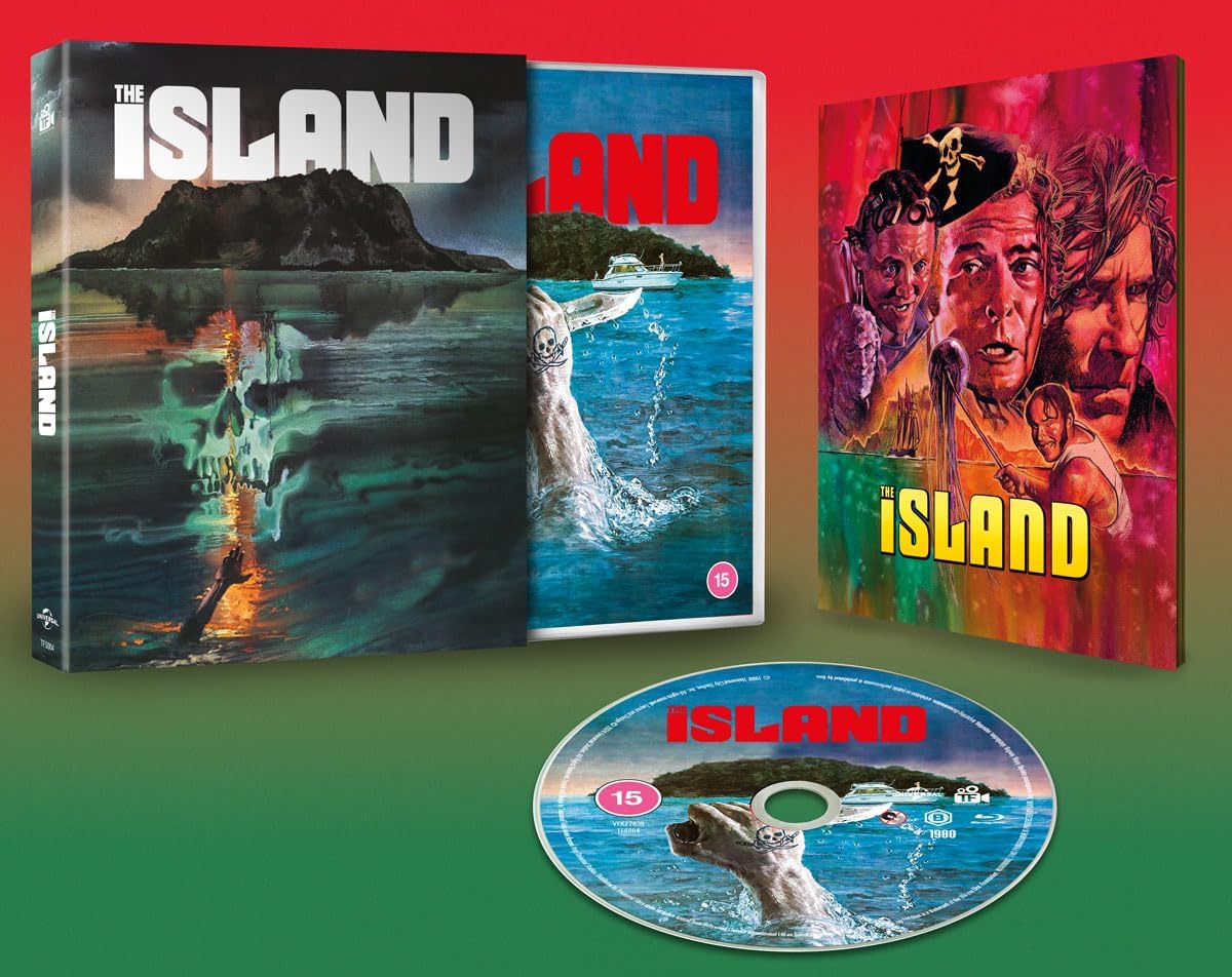 Blu-ray case for "The Island" featuring a boat, ocean, and portrait.