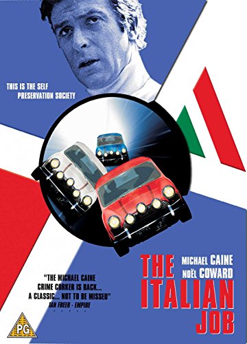 DVD cover for "The Italian Job" featuring Michael Caine and Mini Coopers.