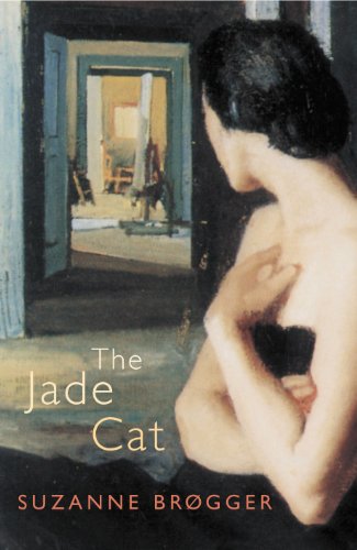 Book cover: painting of a woman looking towards an open doorway with a cat.