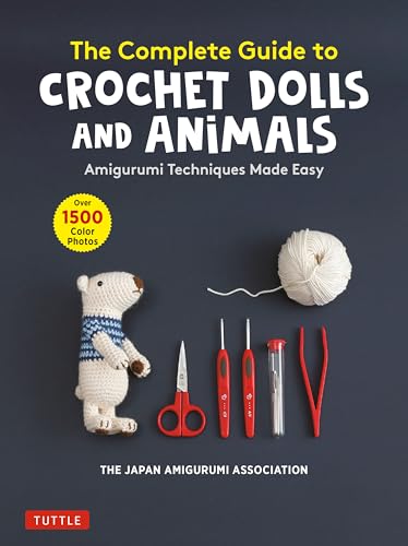 Book cover: "Complete Guide to Crochet Dolls," with a crocheted bear and tools.
