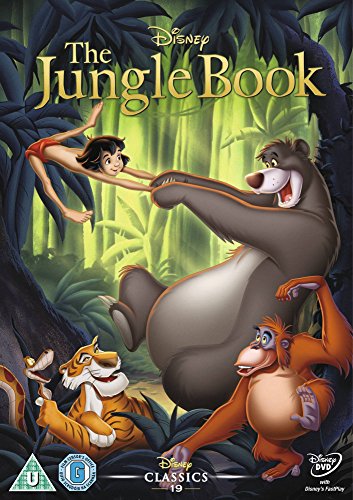 Mowgli from The Jungle Book dancing against a green background on a DVD cover.