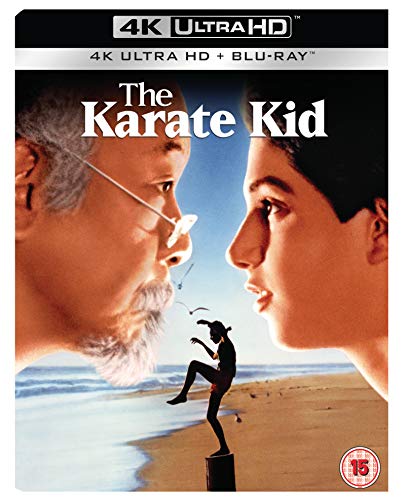 The Karate Kid" Blu-ray cover featuring Mr. Miyagi and Daniel, with a karate pose.