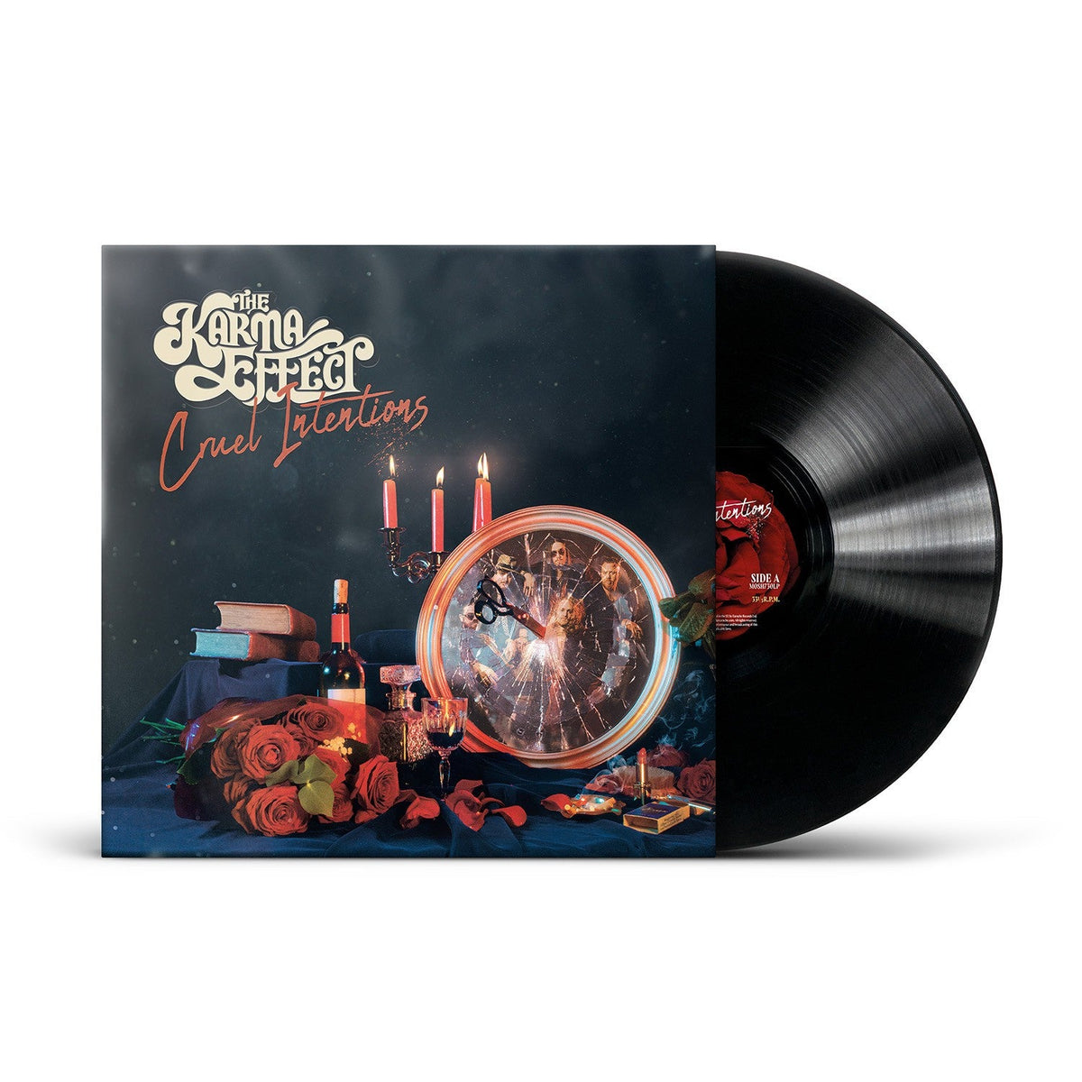 Vinyl record of "The Karma Effect - Cruel Intentions" with ornate cover art.