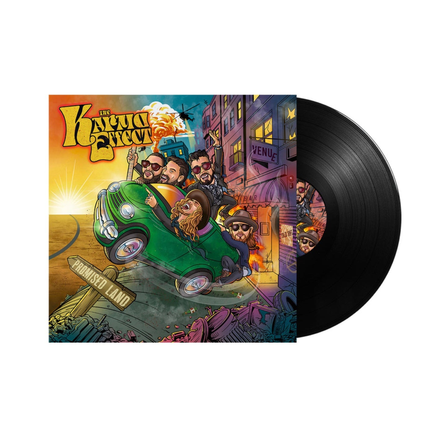Vinyl record with colorful cover art depicting a car and city scene.
