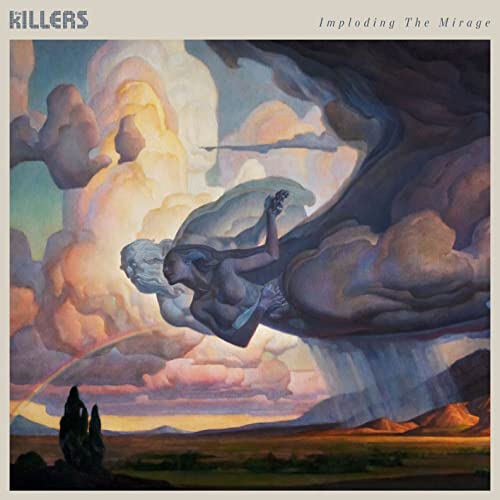 Painted album cover for The Killers’ “Imploding The Mirage” with figures in clouds.