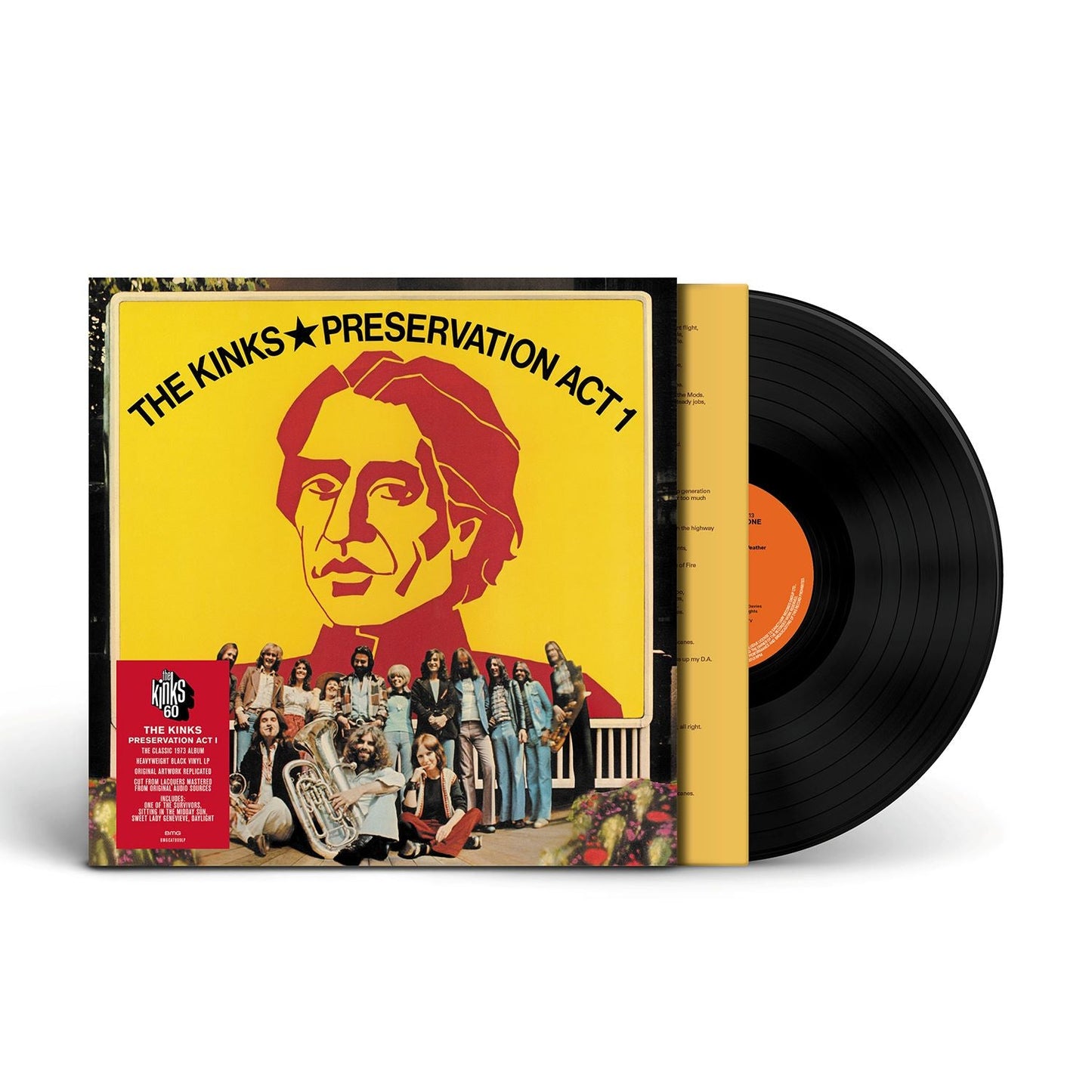 "Vinyl record with yellow cover featuring The Kinks and Preservation Act 1 artwork."