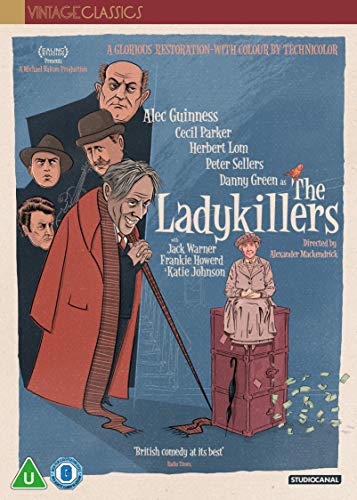 DVD cover for "The Ladykillers" featuring illustrated characters and a suitcase.