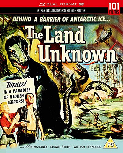 The Land Unknown" Blu-ray cover featuring a dinosaur, sea serpent, and people.