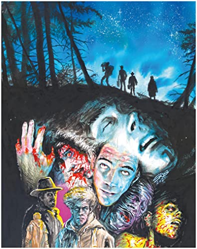 Horror movie poster with figures in a forest and distressed faces.