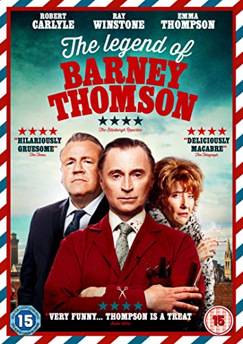 DVD cover for "The Legend of Barney Thomson" with three actors and cityscape.