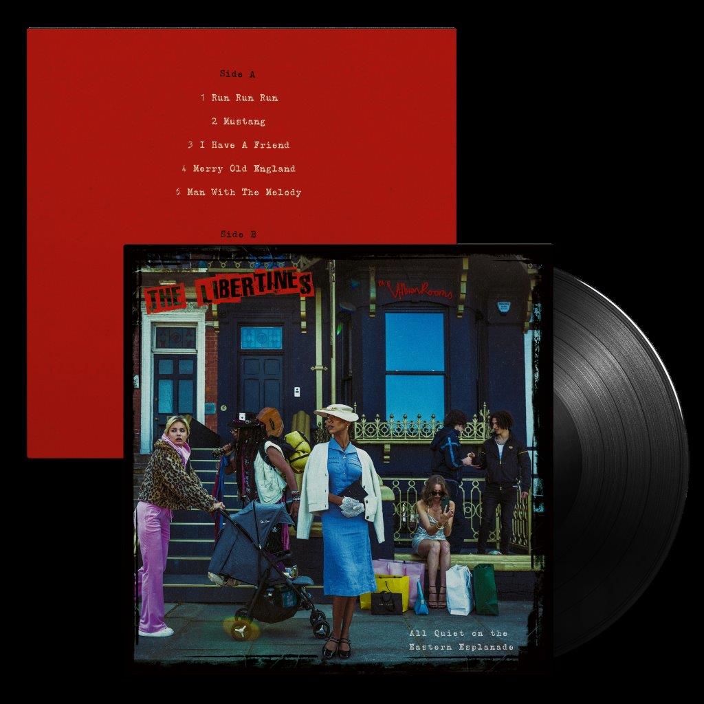 The Libertines album cover: a crowd scene with a red border and black record.