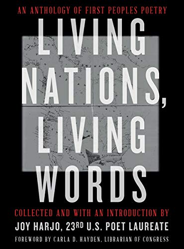 Book cover: "Living Nations, Living Words," poetry anthology, dark background.