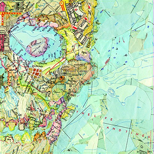 A collage of overlapping colorful topographical maps featuring text and various geographical markings.