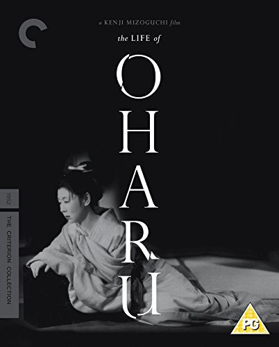 Black and white film poster for "The Life of Oharu" with a woman reclining.