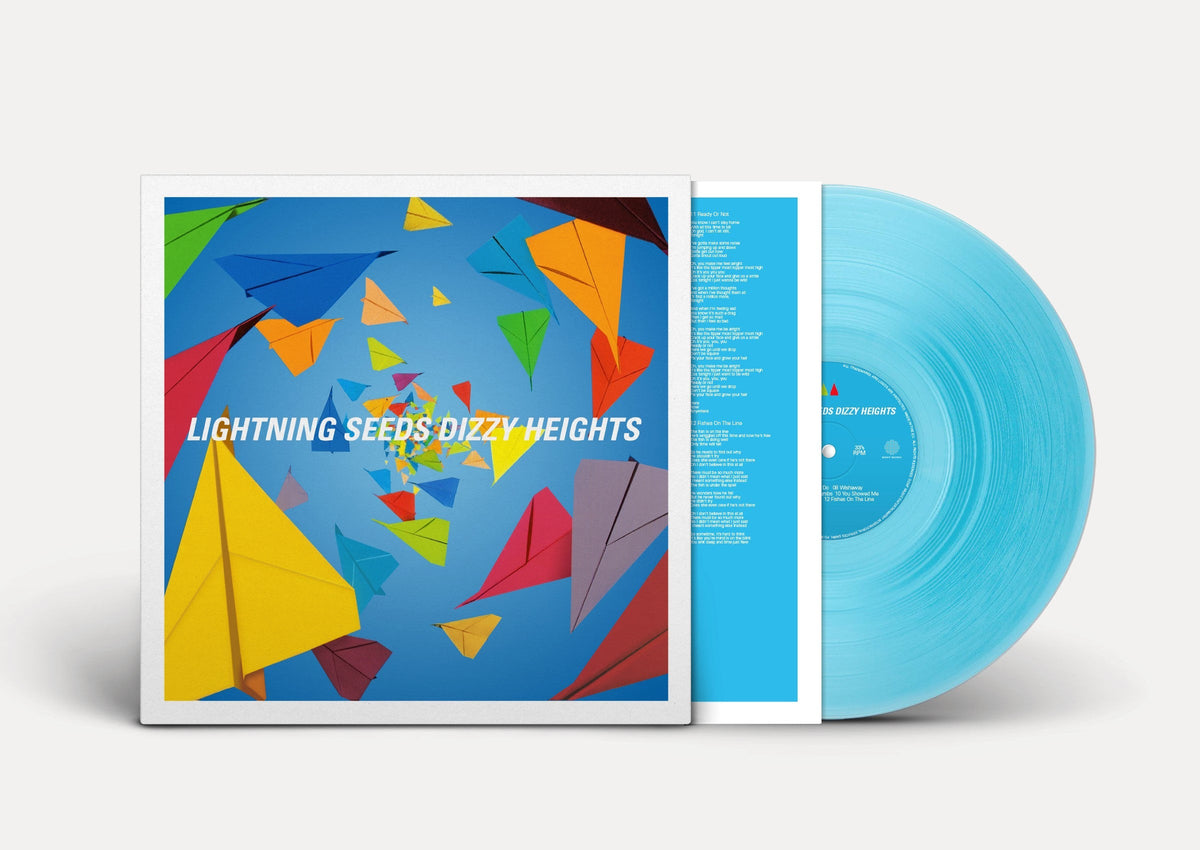 Blue vinyl LP of The Lightning Seeds’ “Dizzy Heights” with geometric cover art.